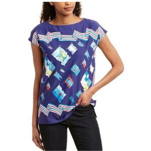 J. McLaughlin Blue Nautical Flags Catalina Cloth Cap Sleeve Top Sz. S